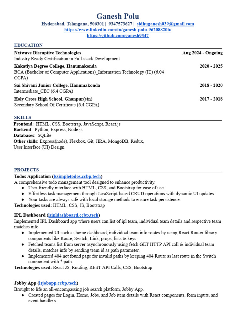 Ganesh Polu: Full-Stack Developer CV | PDF | Bootstrap (Front End ...