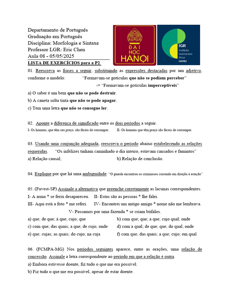 Exercícios de Morfologia e Sintaxe | PDF | Linguística | Famílias ...