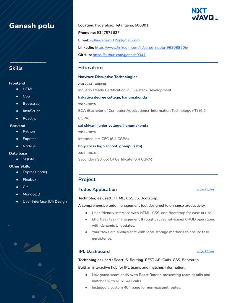 Ganesh Polu: Full-Stack Developer Profile | PDF | Bootstrap (Front End ...
