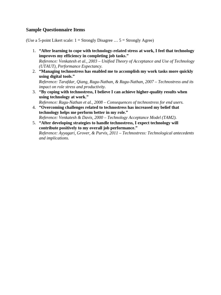 Technostress Questionnaire Items | PDF