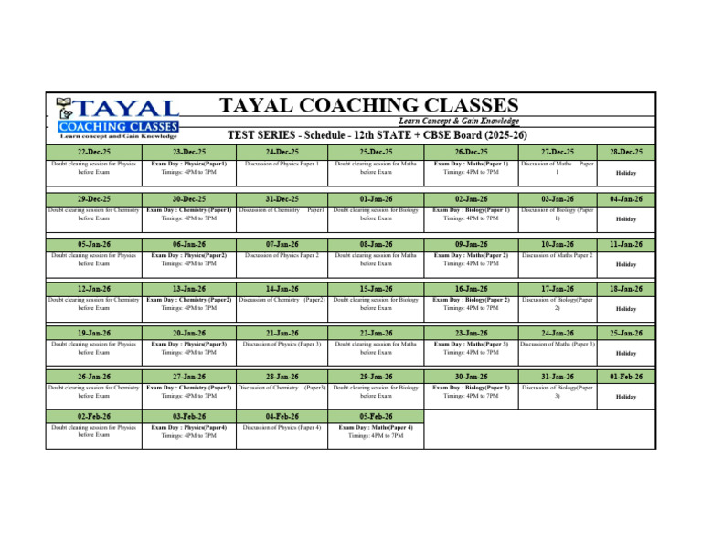 Exam Prep Schedule for Physics, Maths, Chemistry, Biology | PDF ...