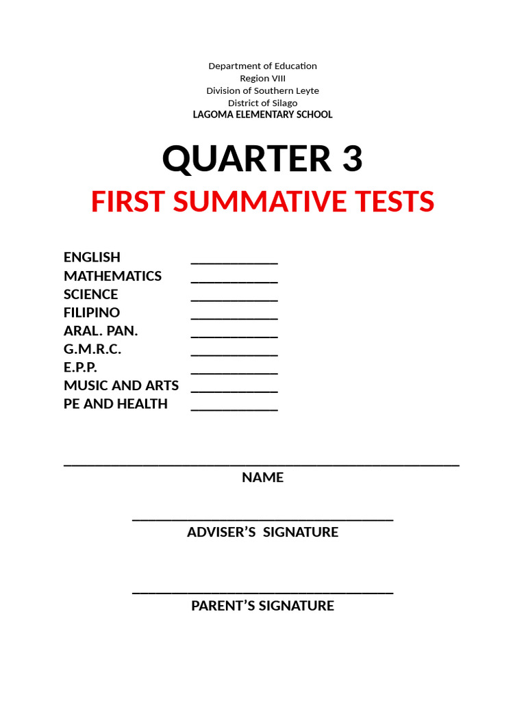 Lagoma Elementary School Quarter 3 Tests | PDF