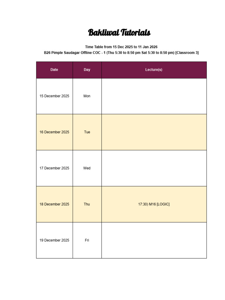Bakliwal Tutorials Class Schedule 2025-2026 | PDF