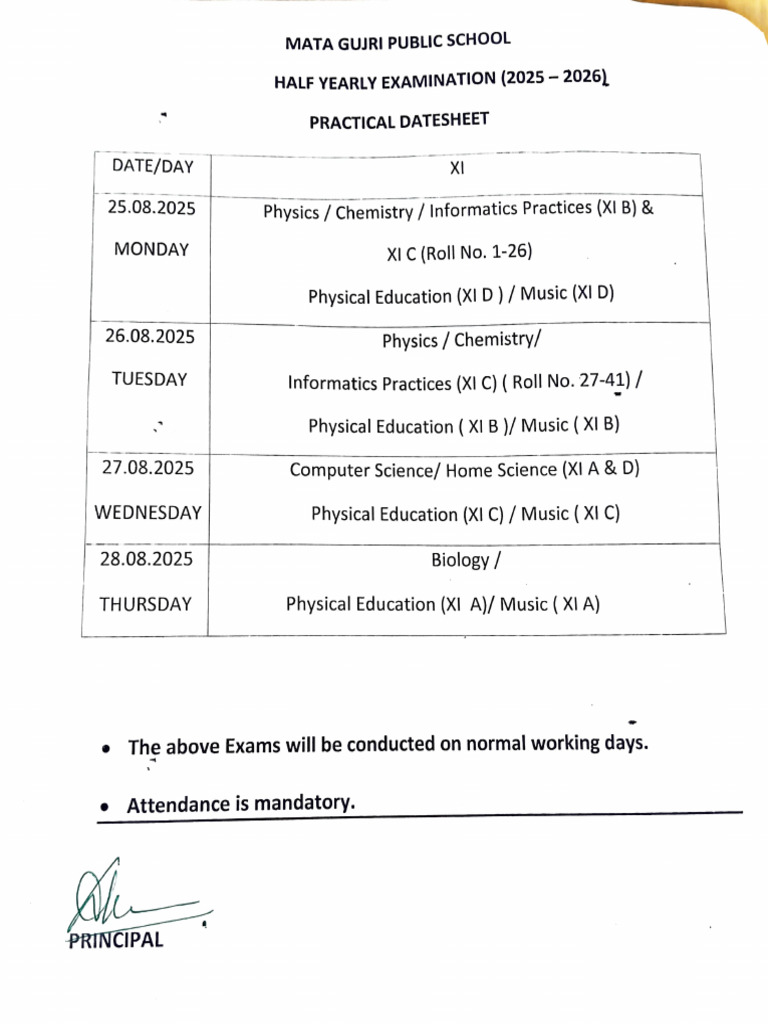 XI Practical Date Sheet 25-26 | PDF