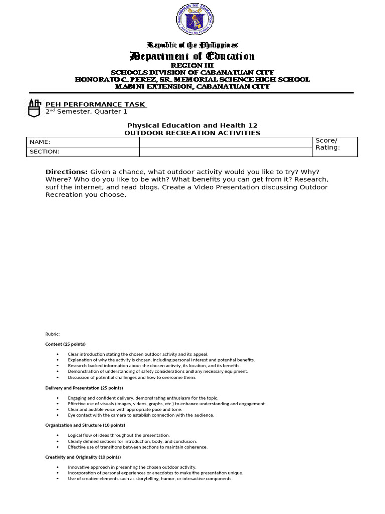 Grade 12 Performance Task Outdoor Activities | PDF