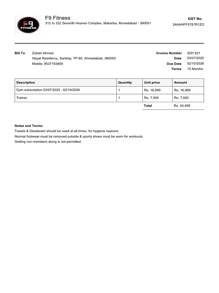 F9 Fitness Gym Subscription Invoice | PDF