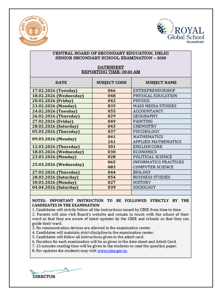 Cbse Datesheet 2026 Classes 12 | PDF | Science