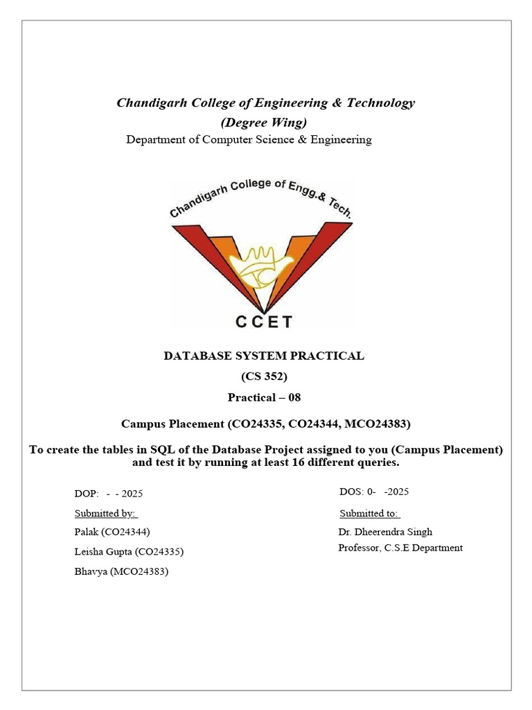 DATABASE SYSTEM PRACTICAL (CS 352) Practical – 08 Campus Placement ...