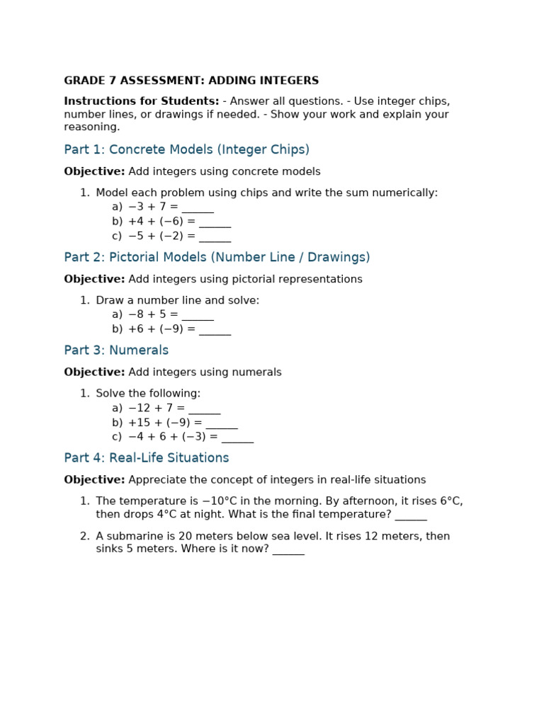 Grade 7 Integer Addition Assessment | PDF