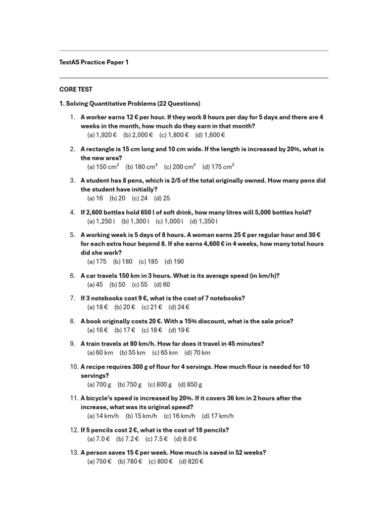 TestAS Practice Paper: Math & Logic Questions | PDF | Torque