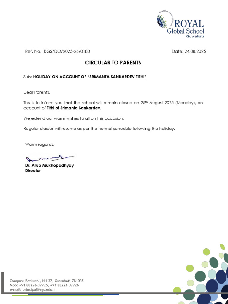 0180_Circular for Parents_Holiday on 25.08.2025 | PDF