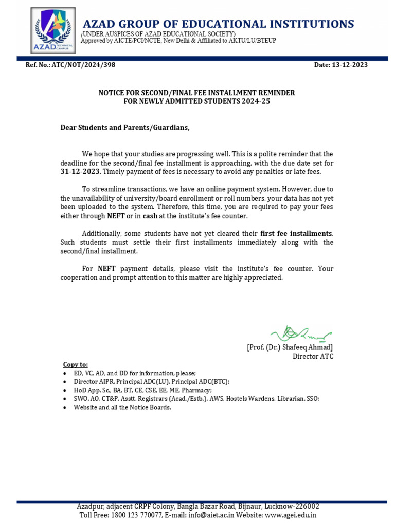 Final Fee Installment Reminder 2024-25 | PDF