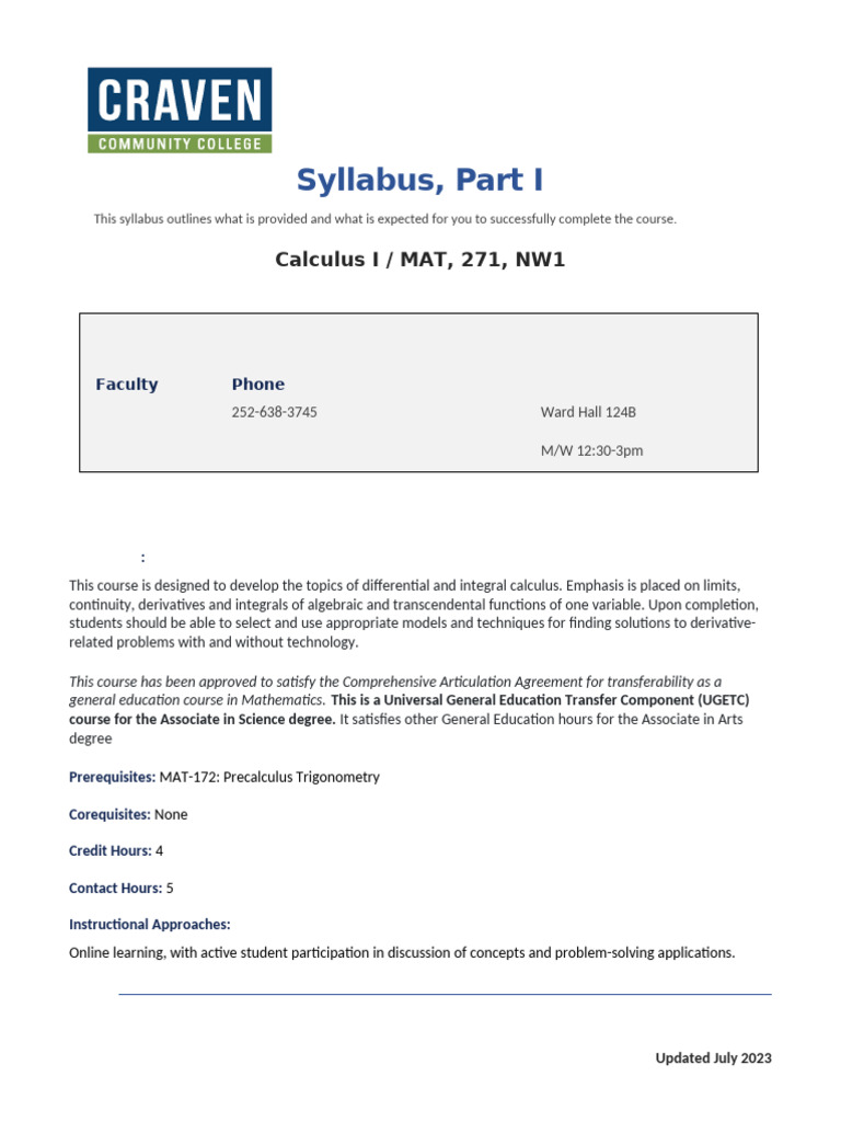 MAT 271 NW1 SP26 Syllabus Cosnahan | PDF | Academic Dishonesty | Derivative