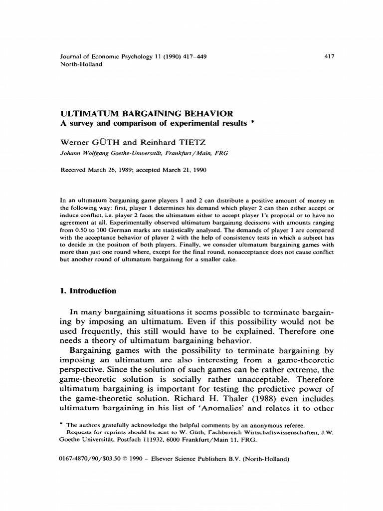 Ultimatum Bargaining Behavior Analysis | PDF | Auction | Game Theory