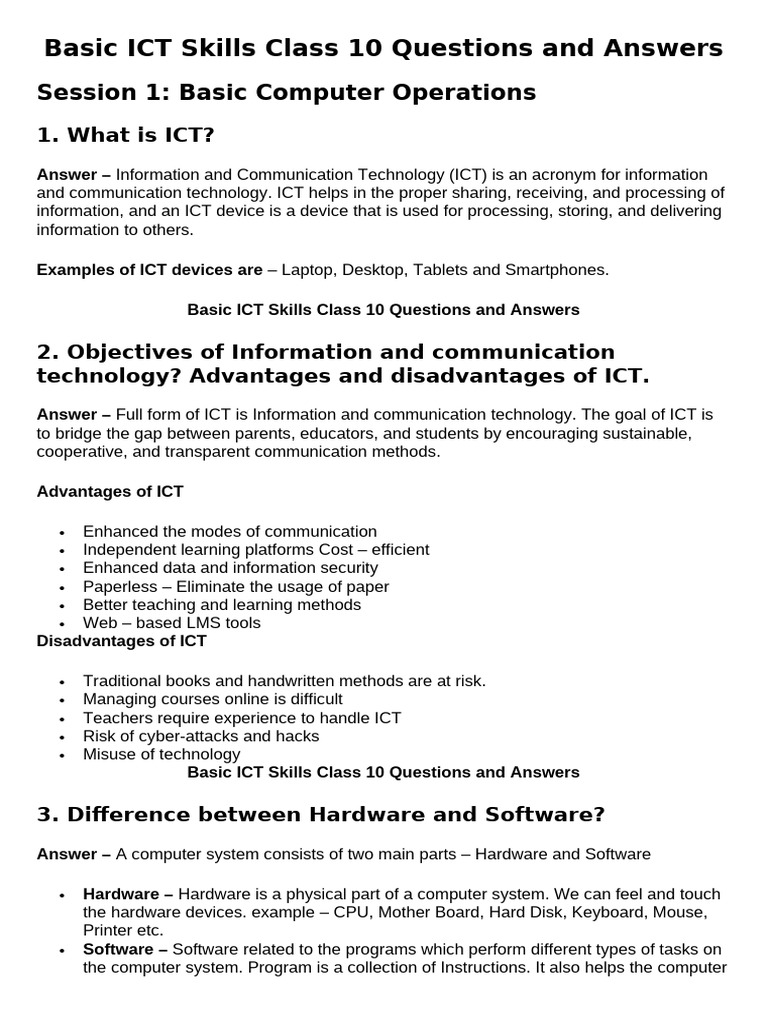 Class 10 ICT Skills Q&A Guide | PDF | Educational Technology | Computer ...