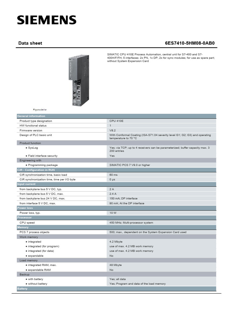 SIMATIC CPU 410E Data Sheet Overview | PDF | Computer Networking ...