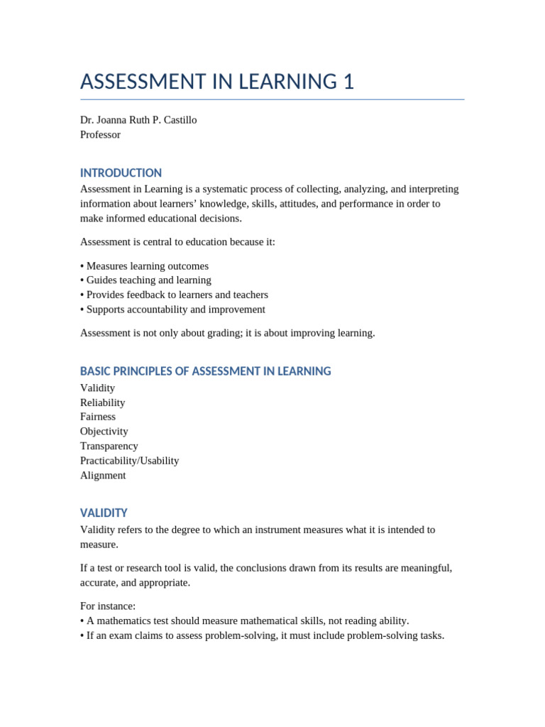 Principles of Assessment in Learning | PDF | Validity (Statistics ...