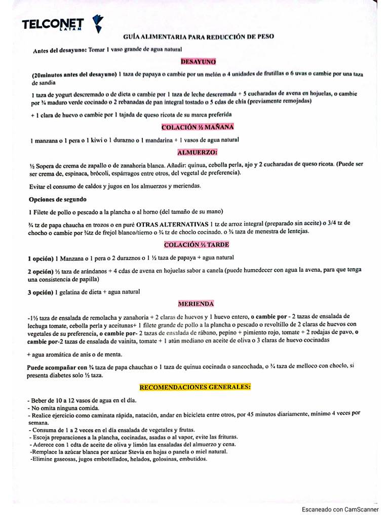 Guia Alimentaria Para Reducción de Peso | PDF