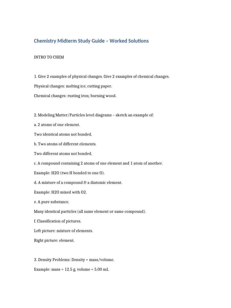 Chemistry Midterm Study Guide Solutions | PDF | Atoms | Mole (Unit)