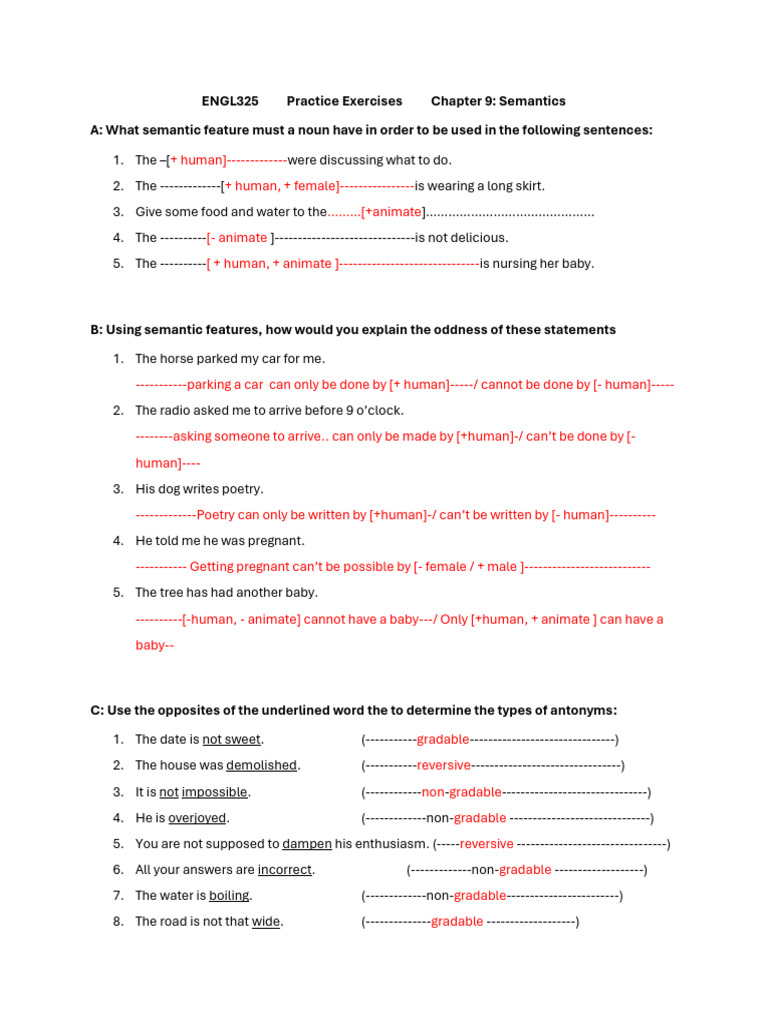 Semantics Exercises for ENGL325 | PDF | Grammar | Linguistics