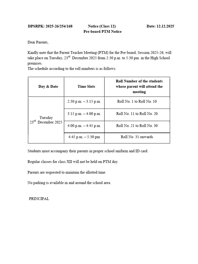 Class 12 Pre-board PTM Notice 2025 | PDF