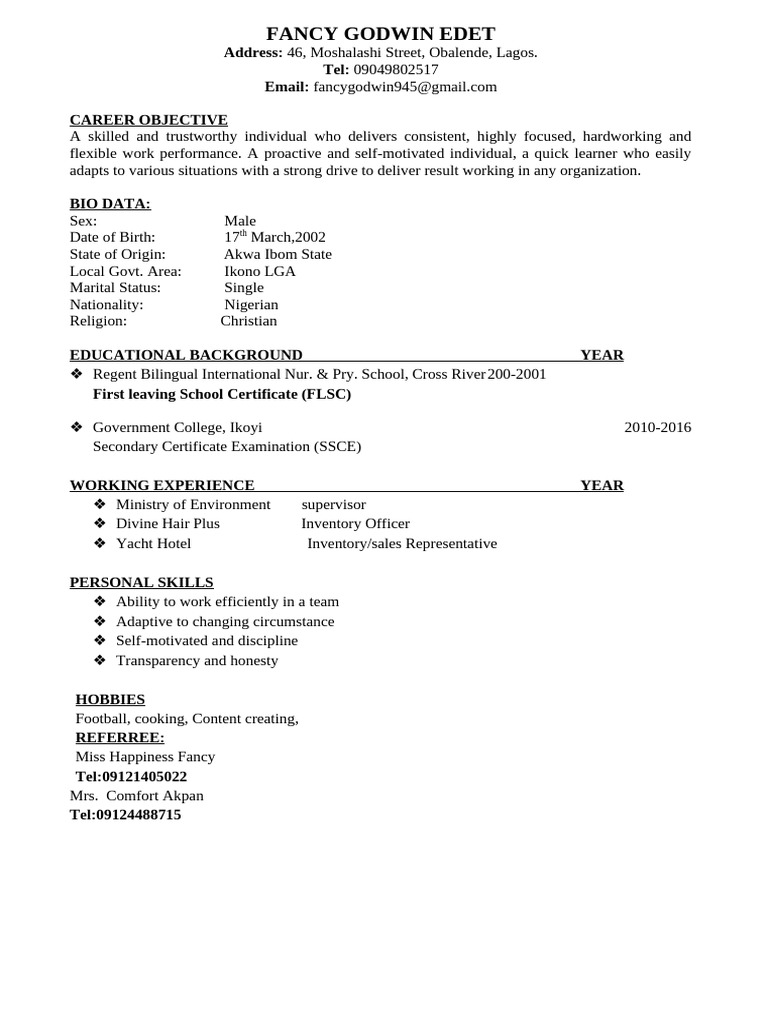 Resume of Fancy Godwin Edet | PDF