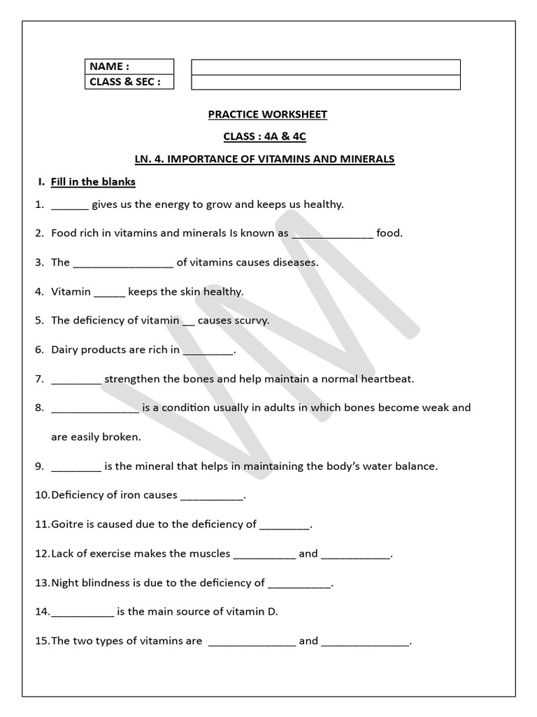Vitamins and Minerals Worksheet for Kids | PDF | Vitamin | Essential ...
