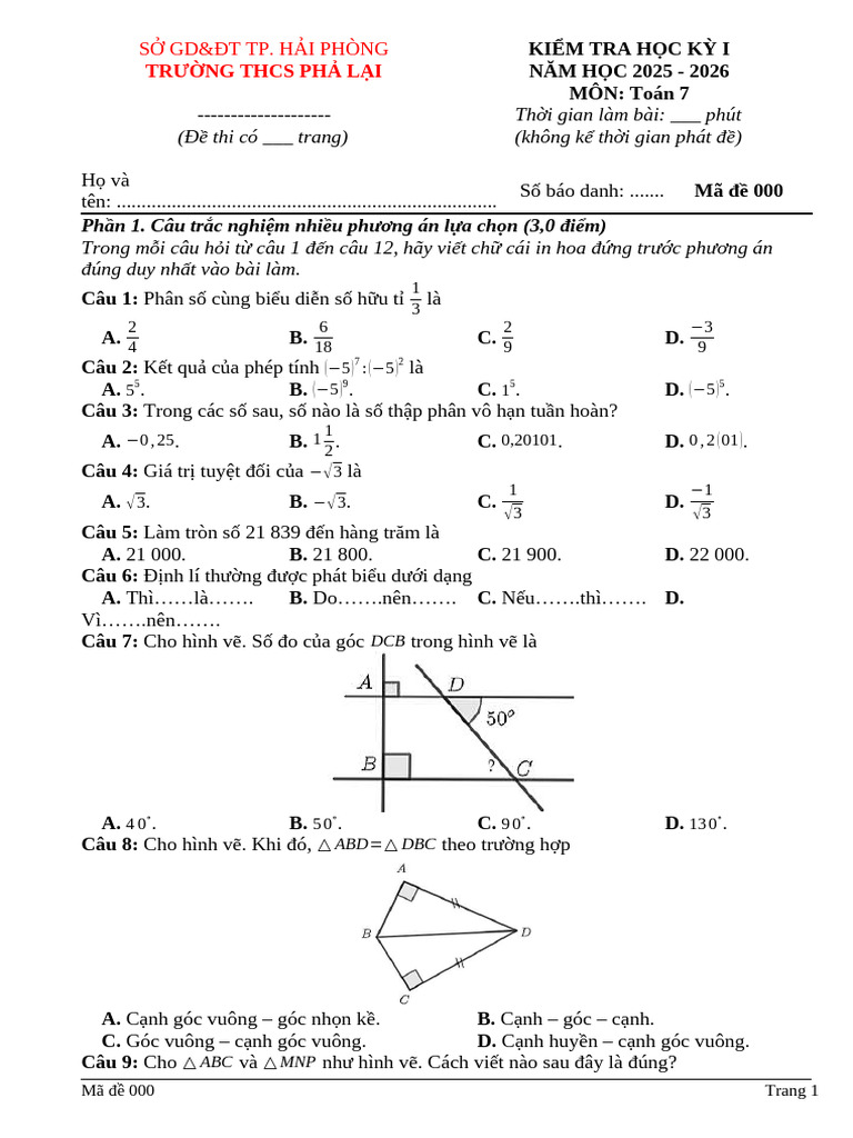 Toan 7 Hki de - Goc | PDF