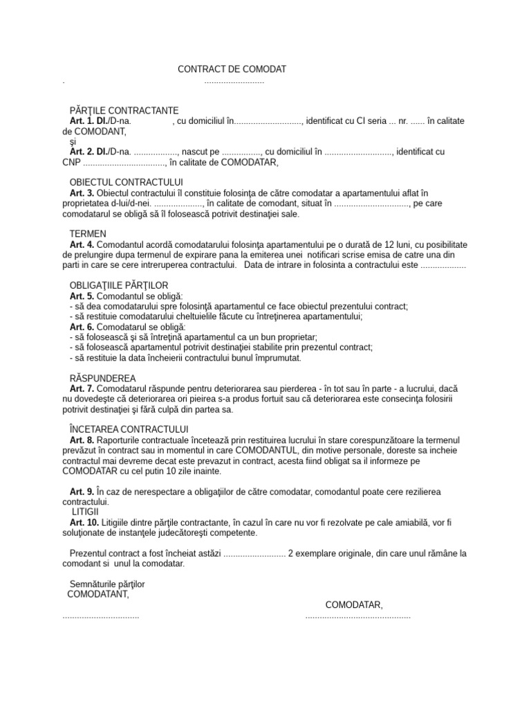 Contract de Comodat | PDF