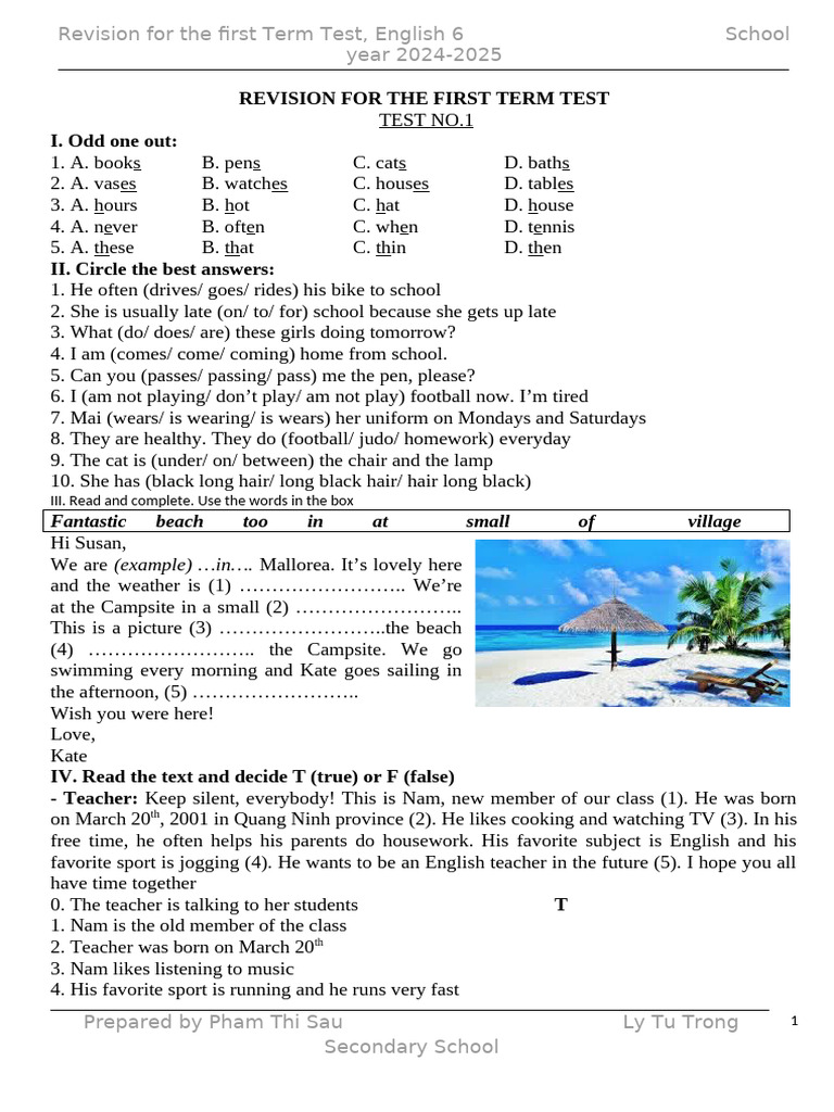 English 6 Term Test Revision Guide | PDF