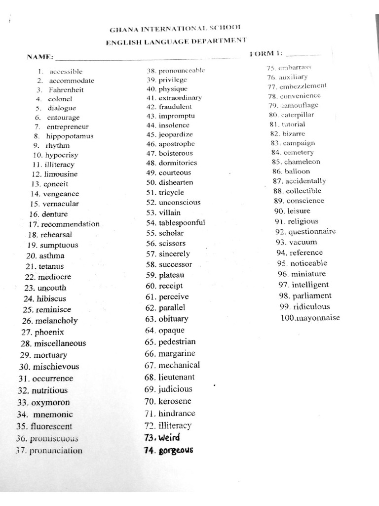 Form 1 Term 2 Spelling List | PDF
