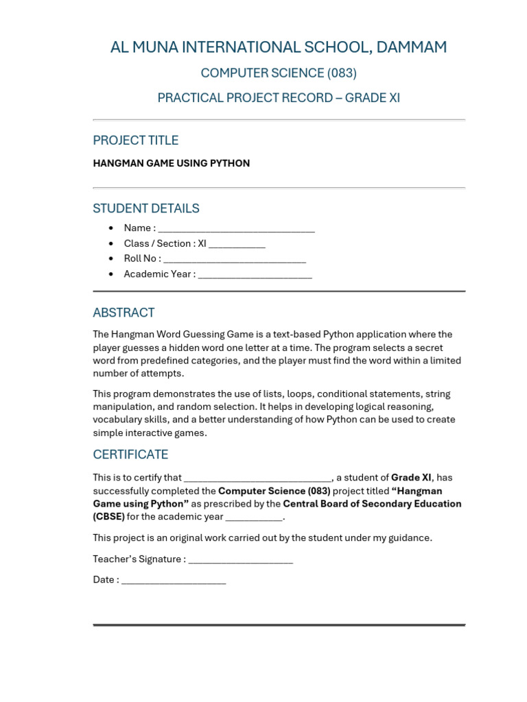 CS Project Hangman Game | PDF | Computer Programming | Computing