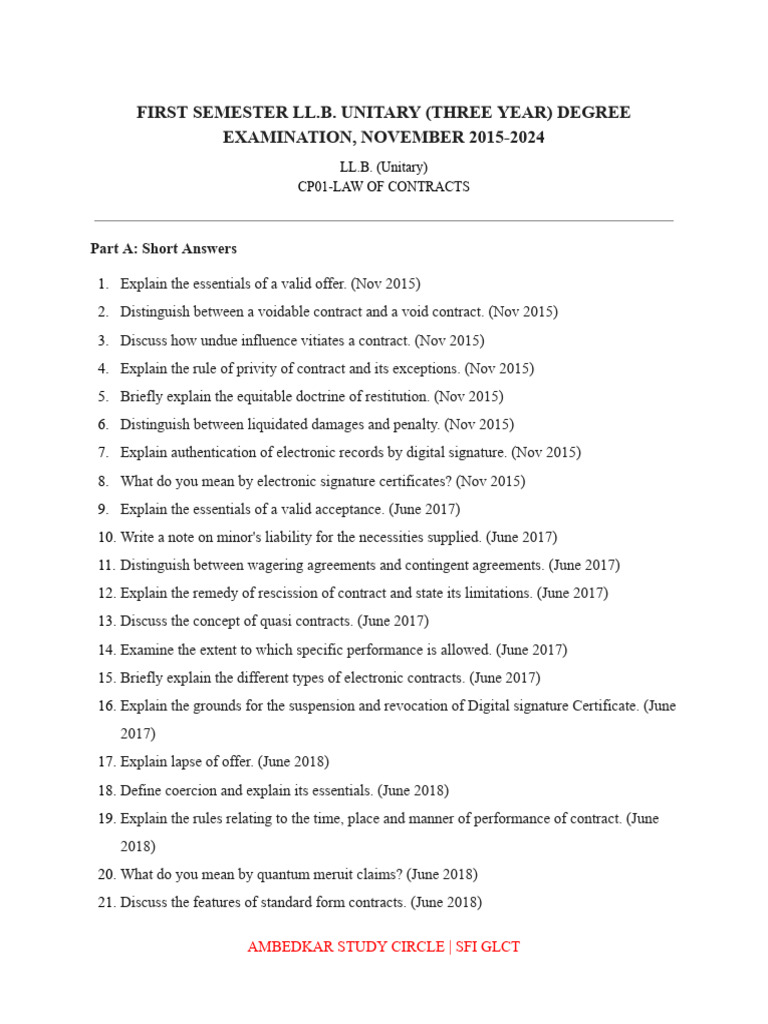 LL.B. Law of Contracts Exam Questions | PDF | Civil Law (Legal System ...