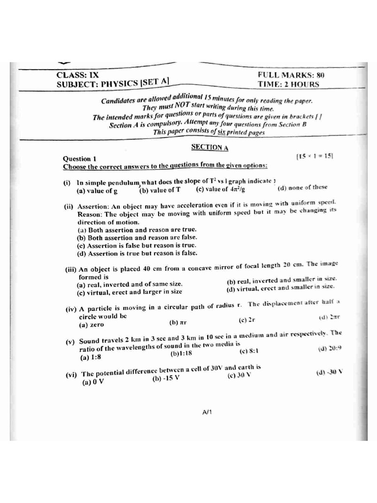 Cl. 9 - Final Exam - Physics (Set-A) | PDF
