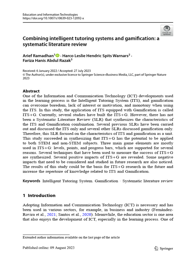 Intelligent Tutoring Systems and Gamification Review | PDF ...