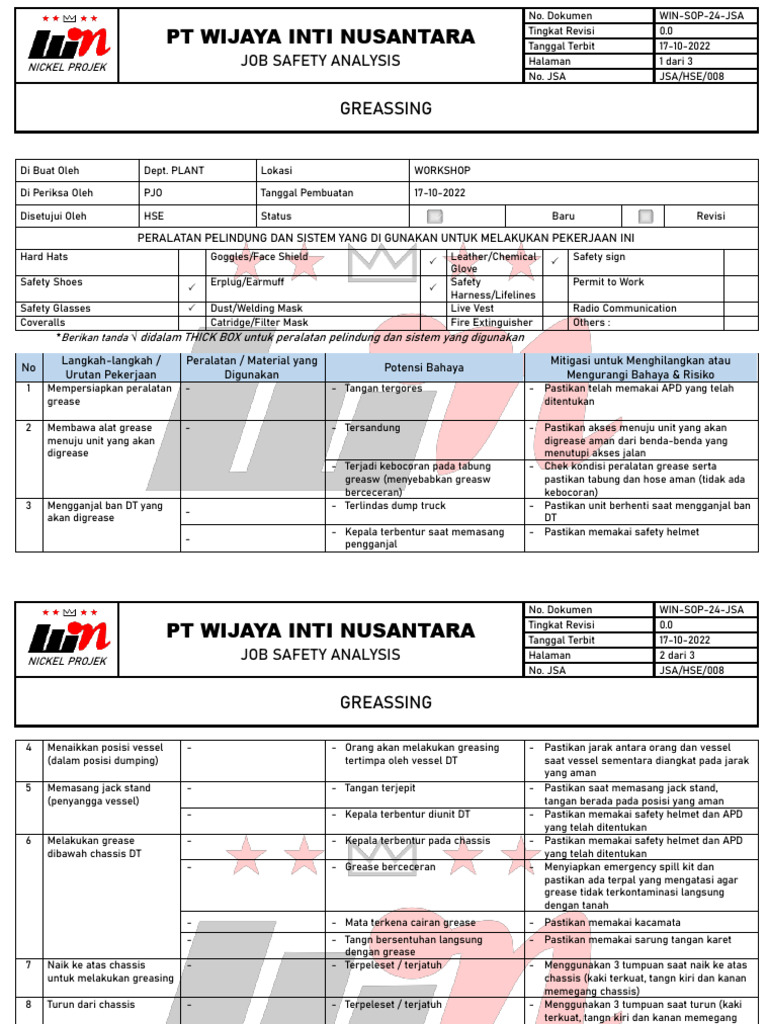 Analisis Keselamatan Kerja Greasing | PDF