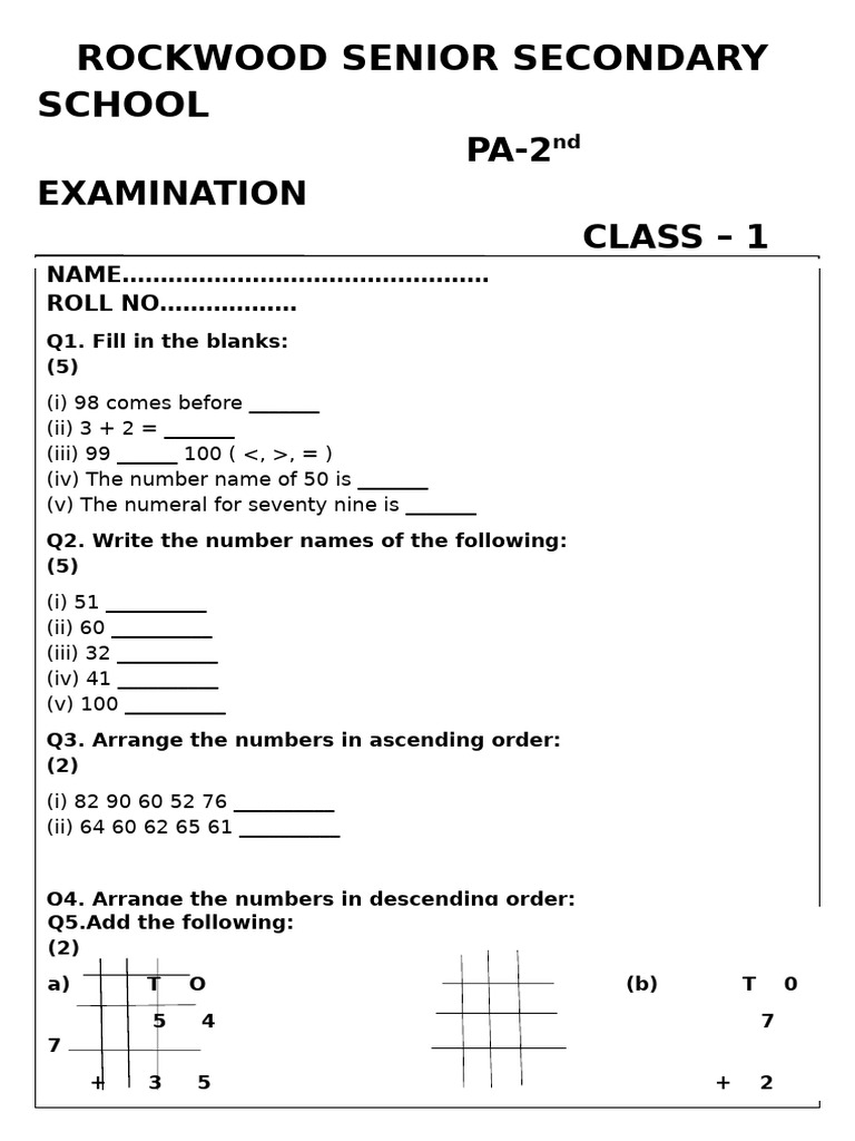 Class 1 Maths Exam Paper | PDF