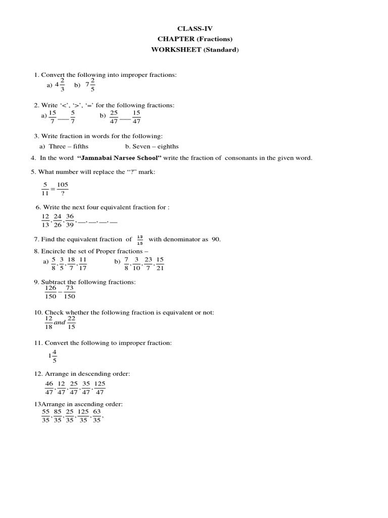 Class IV Fractions Worksheet Guide | PDF