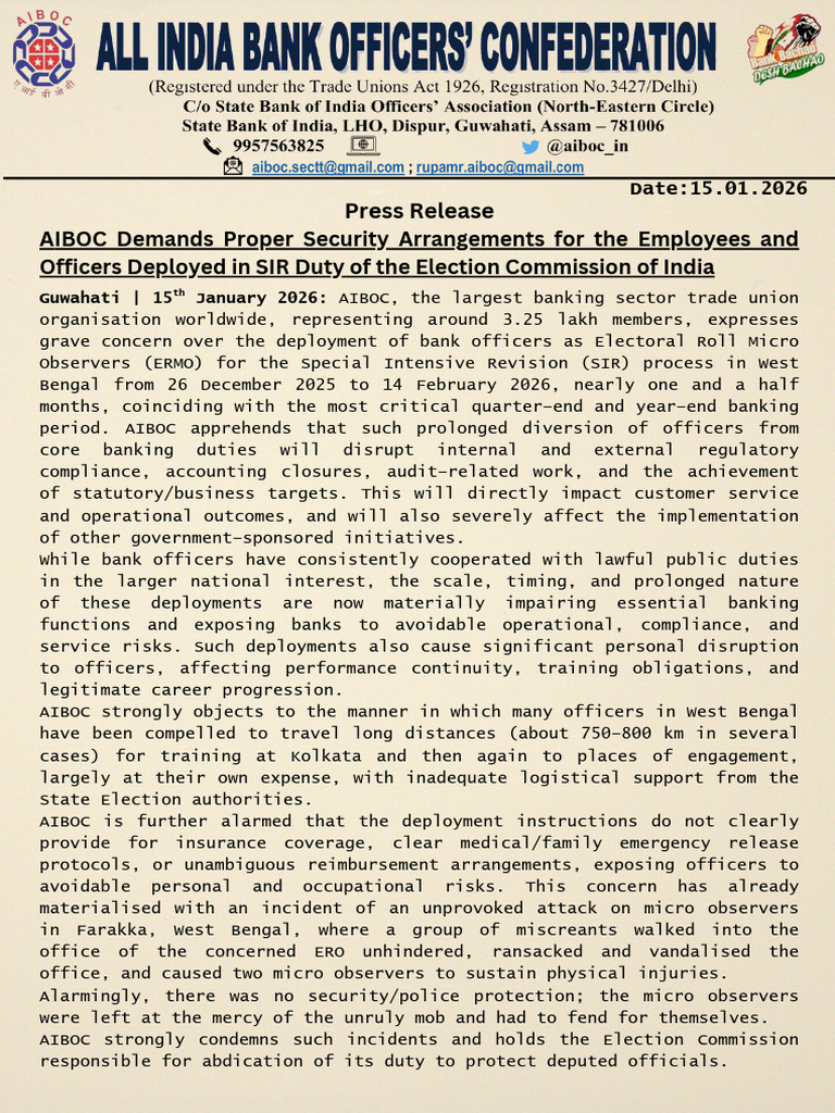 AIBOC Urges Safety for Bank Officers in Elections | PDF | Banks | Business