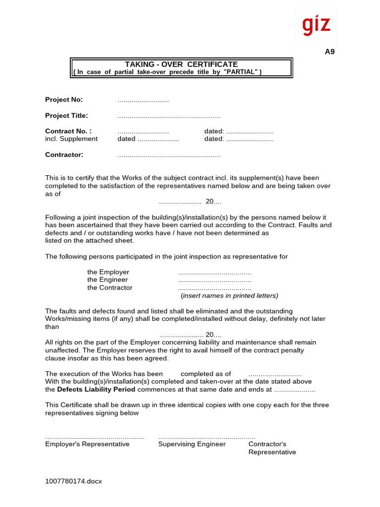 Taking-Over Certificate Template | PDF | Private Law | Common Law