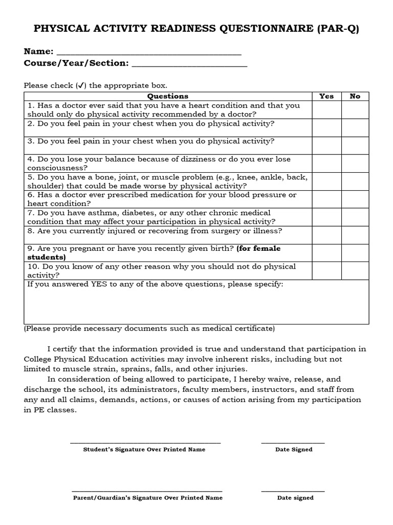 PAR-Q for College Physical Activity | PDF