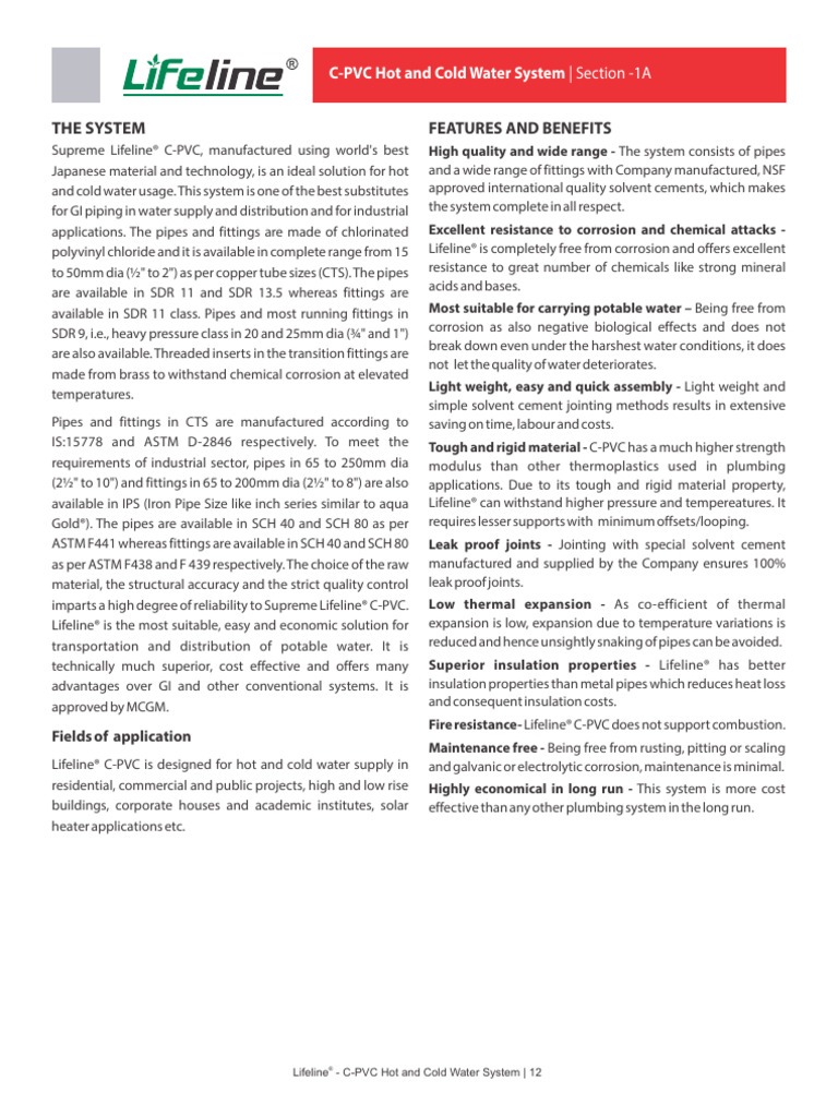 Supreme Lifeline® C-PVC Water System | PDF | Pipe (Fluid Conveyance ...