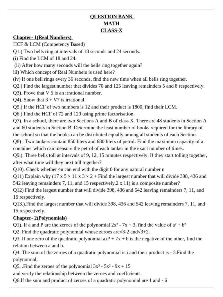 Class x Math Question Bank | PDF | Polynomial | Equations