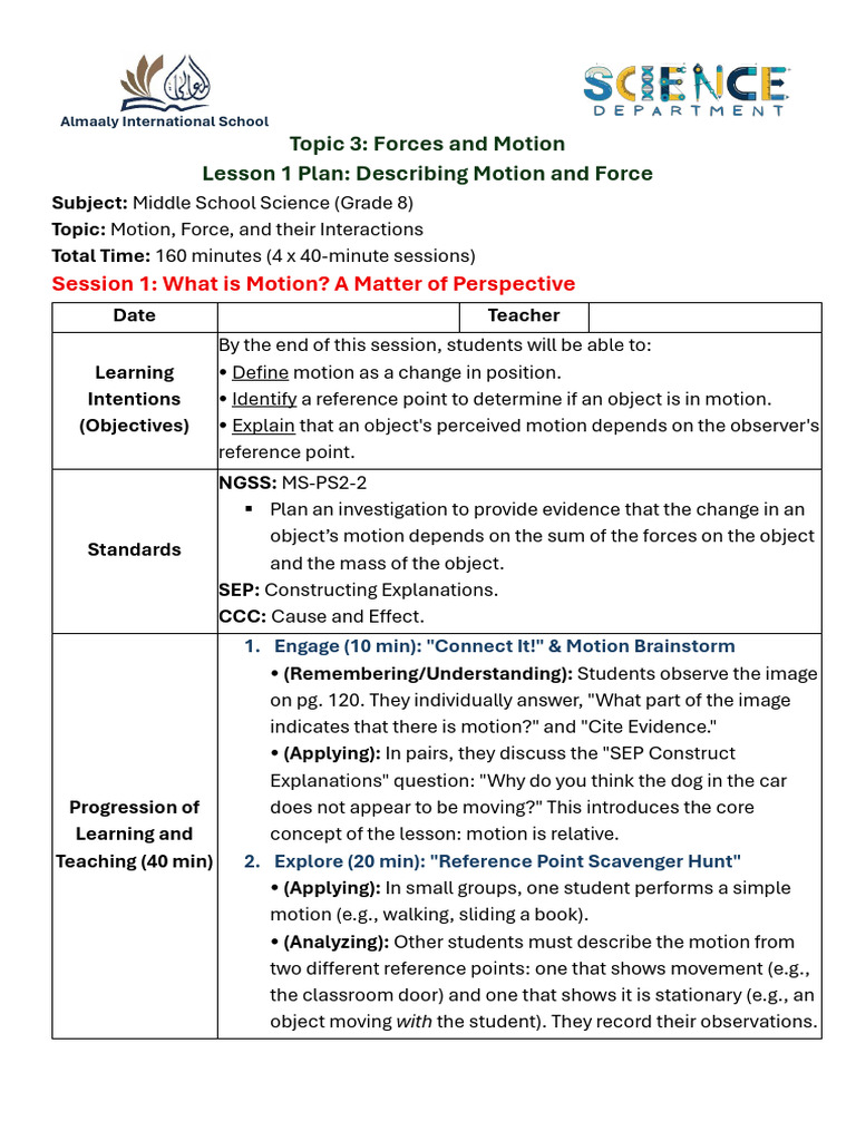 Forces and Motion Lesson Plan for 8th Grade | PDF | Force | Mathematics
