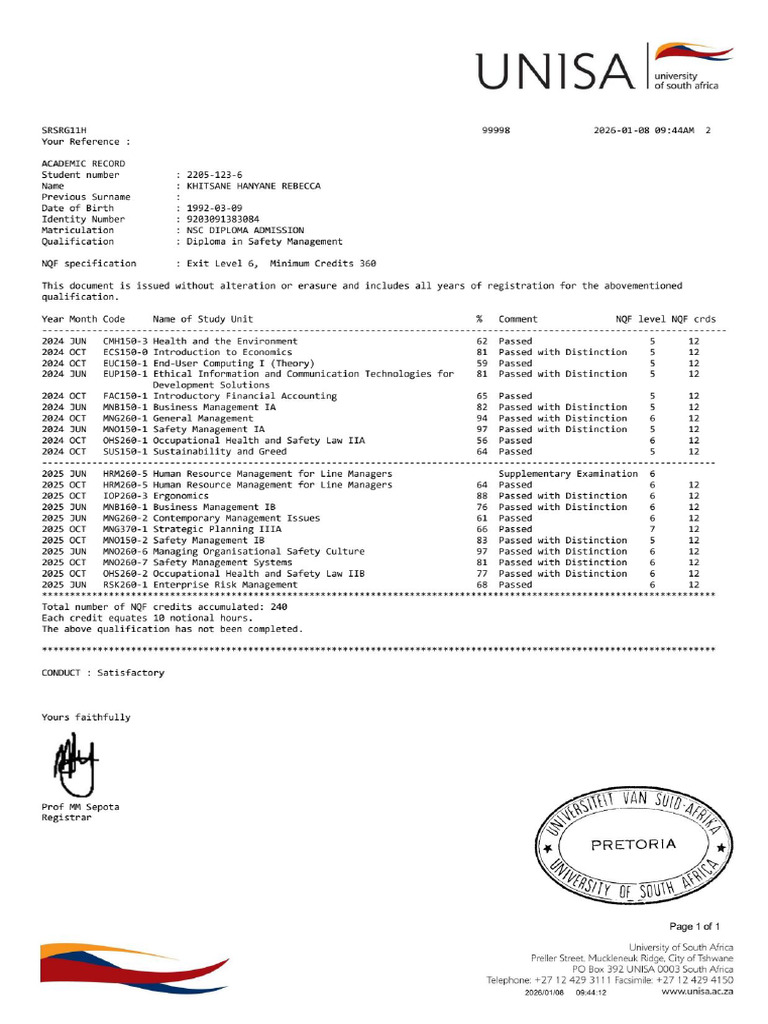 Unisa Student 22051236 Academic Record | PDF