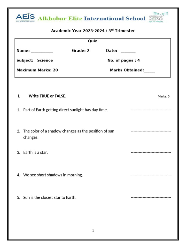 Grade 2 Science Quiz 2023-2024 | PDF | Planets | Sun
