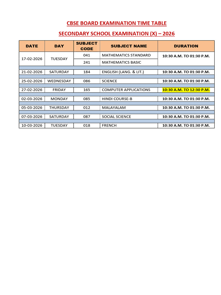 CBSE Class 10 Exam Schedule 2026 | PDF