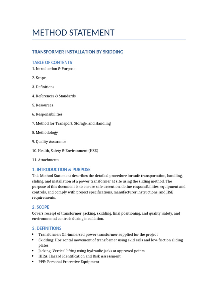 Transformer Installation Method Statement | PDF | Personal Protective ...