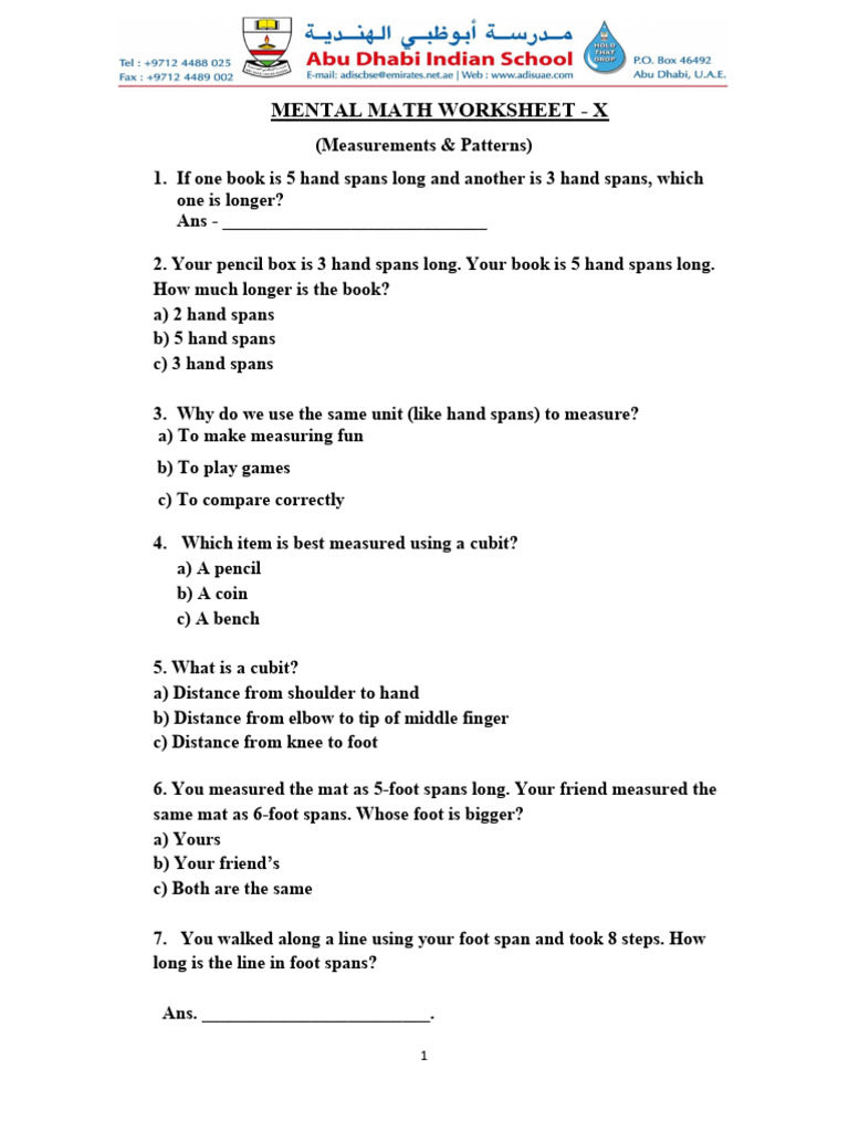 Mental Math Worksheet on Measurements | PDF