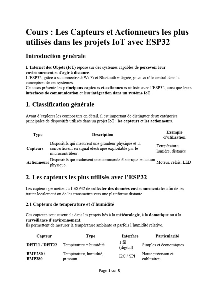 Capteurs et Actionneurs pour ESP32 IoT | PDF | Internet des objets ...